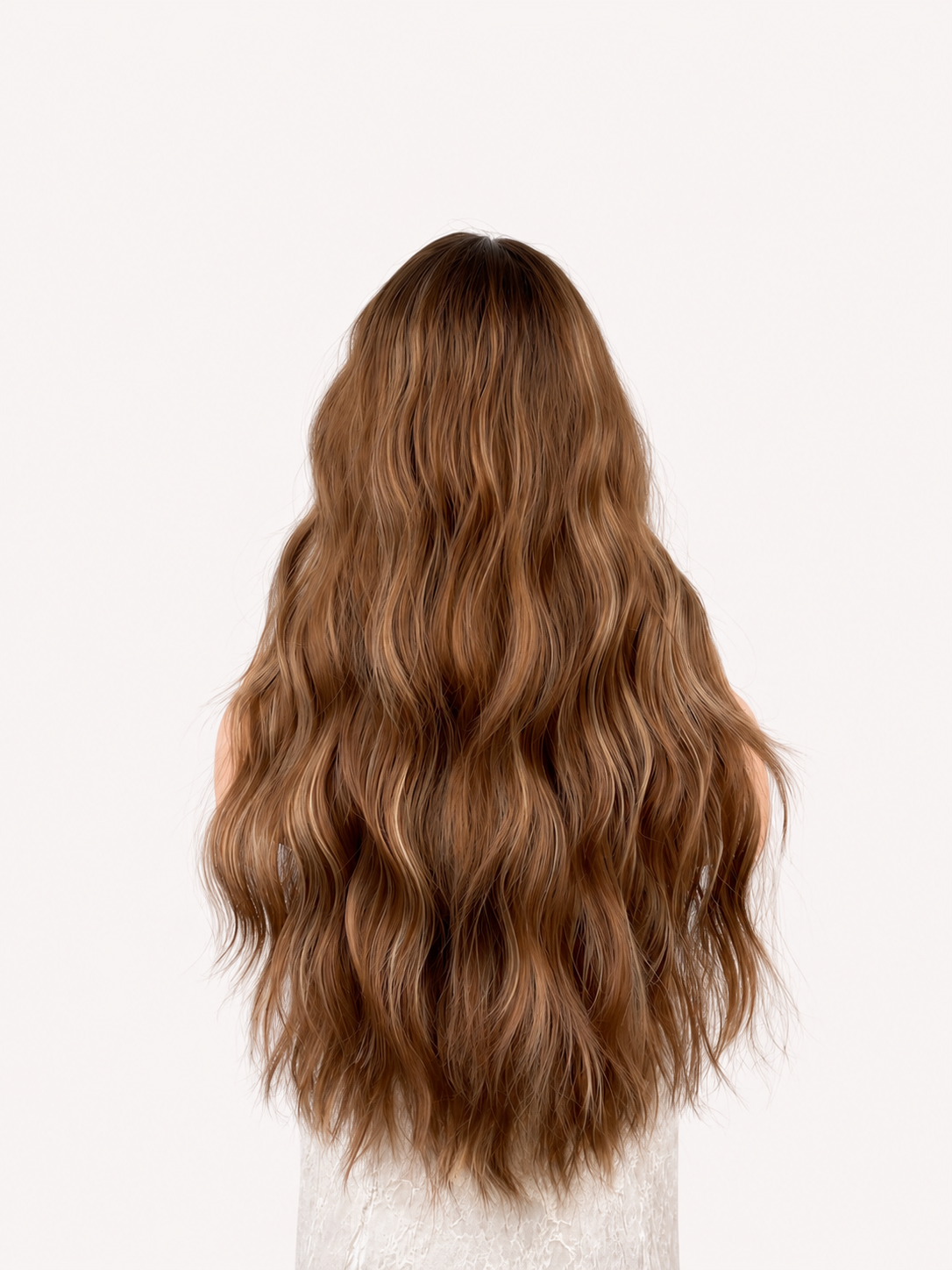Brun balayage syntetisk peruk bakifrån med långa vågiga längder och ljusa slingor från HairCrushStore