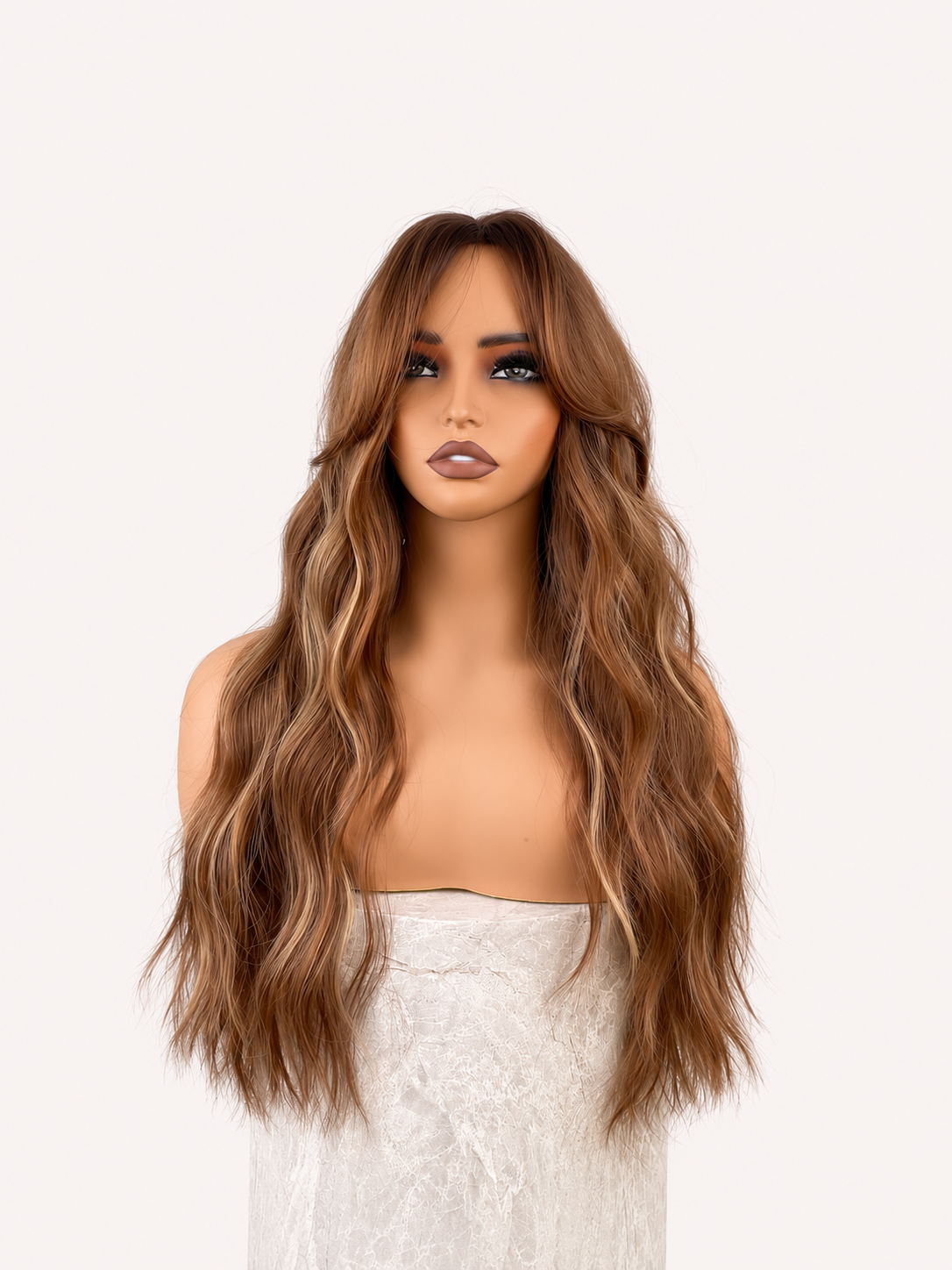 Brun balayage syntetisk peruk med ljusa slingor och långa vågiga längder från HairCrushStore