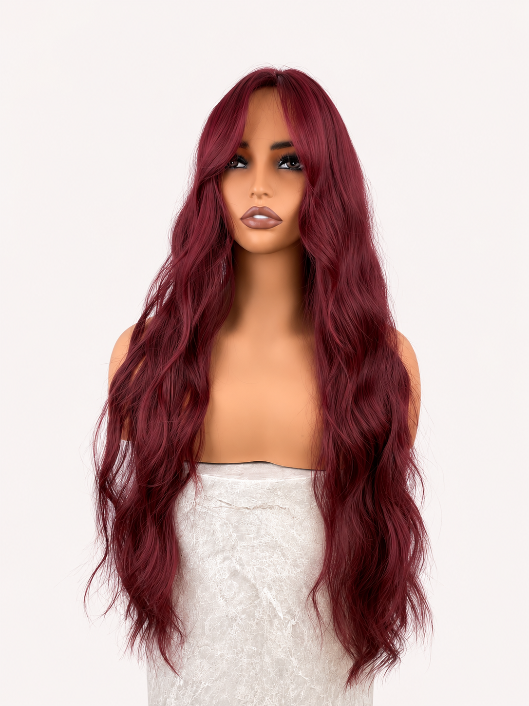 Verklighetstrogen vinröd Burgundy Bordeaux syntetisk peruk med långa vågiga längder från HairCrushStore