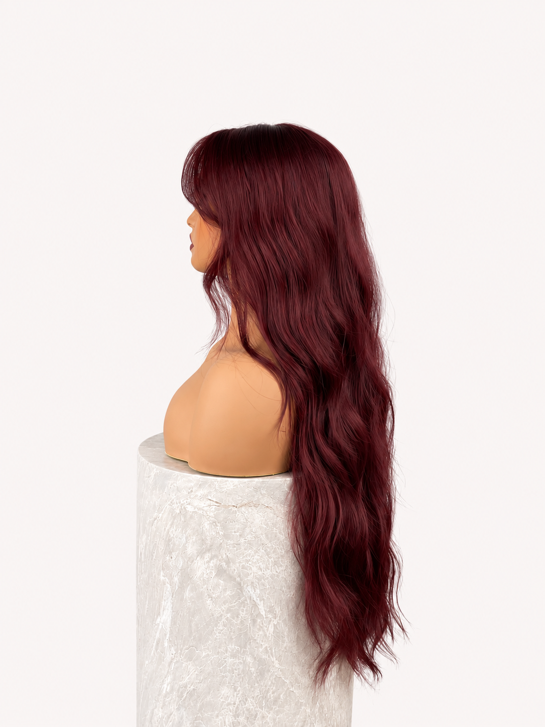Verklighetstrogen vinröd Burgundy Bordeaux syntetisk peruk från sidan med långa vågiga längder från HairCrushStore