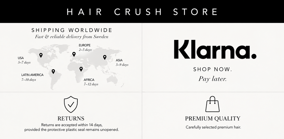 Hair Crush Store – information om worldwide shipping, Klarna, 14 dagars retur och premiumkvalitet