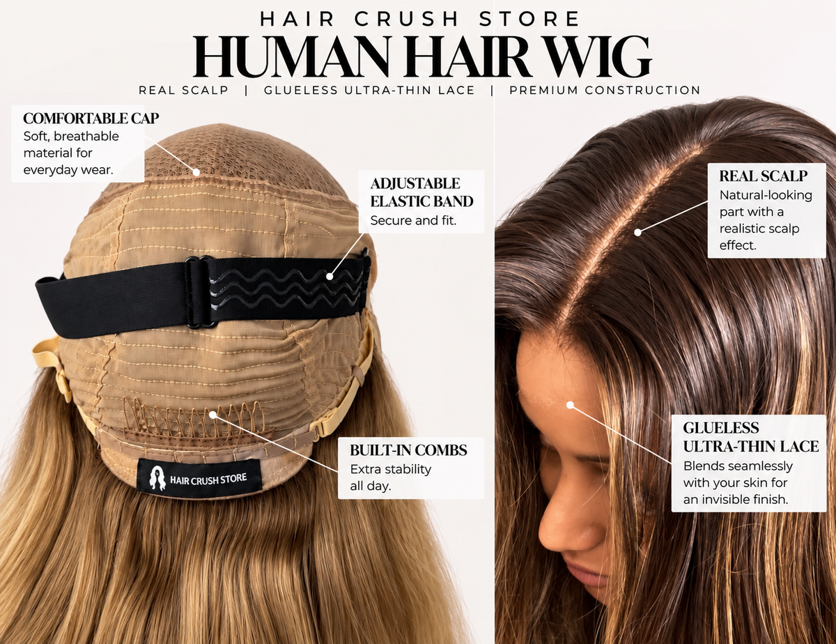 Peruk i äkta hår med realistisk scalp, glueless ultra-thin lace och justerbart band – Hair Crush Store